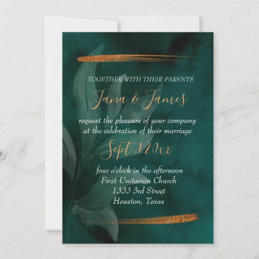 Invitation vert émeraude moderne et feuille (Devant)