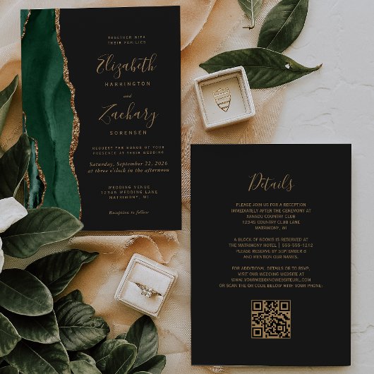 Invitation Vert émeraude Or Agate Ardoise Code QR Mariage