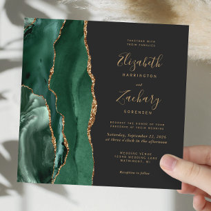 Invitation Vert émeraude Or Agate Foncé Carré Mariage