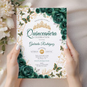 Invitation Vert Émeraude Or Fleur Quinceanera
