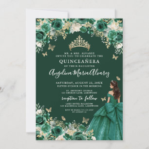 Invitation Vert émeraude Or Fleurs Quinceanera