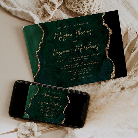 Invitation Vert émeraude Or Mariage Agate Script