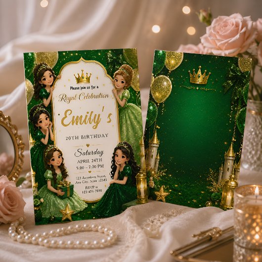 Invitation Vert émeraude Or Princesse 20e Anniversaire