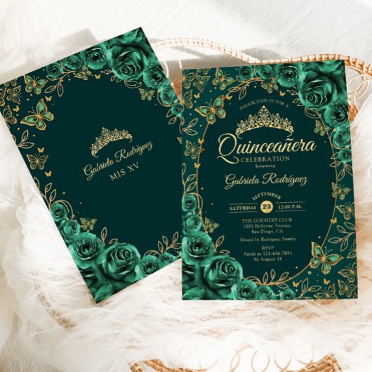 Invitation Vert émeraude Or Quinceanera