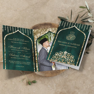 Invitation Vert émeraude or vintage islamique arche mariage