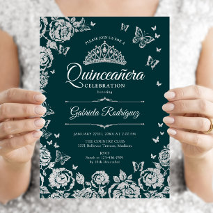 Invitation Vert Émeraude Roses Argent Papillons Quinceanera