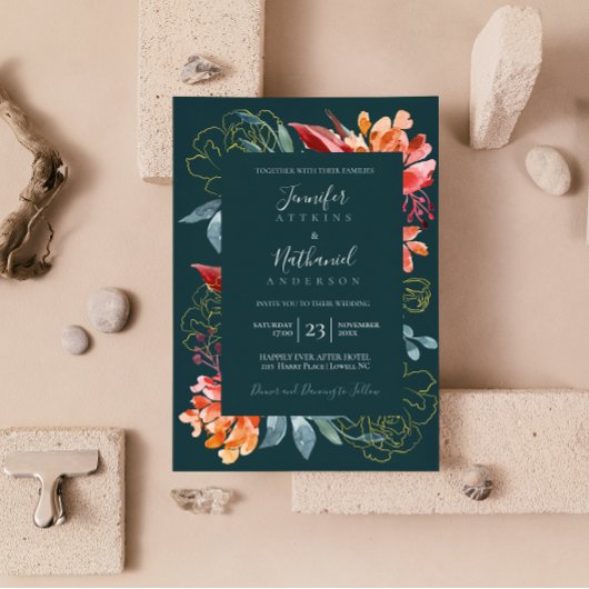 Invitation Vert émeraude rouille orange floral mariage