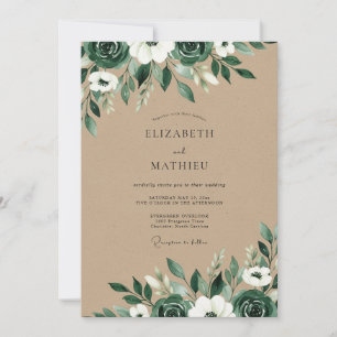Invitation Vert émeraude rustique kraft floral mariage