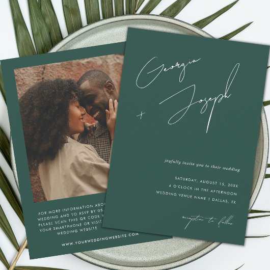 Invitation Vert émeraude | Script Photo QR Code Mariage