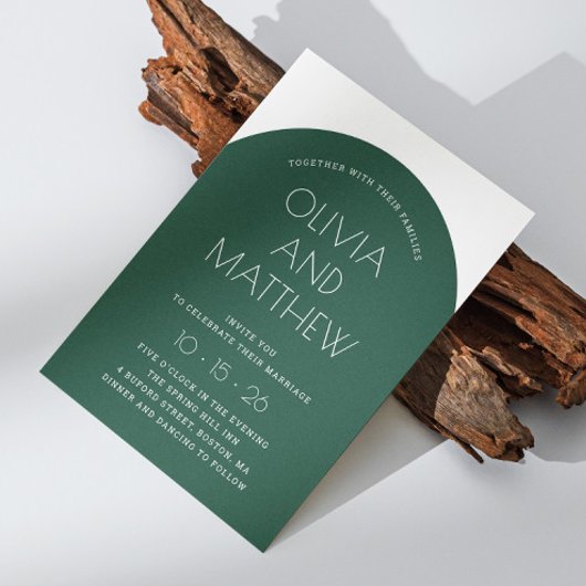 Invitation Vert émeraude typographie moderne arche mariage +