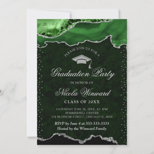 Invitation Vert et argent élégant Marbre Agate Remise des dip (Devant)