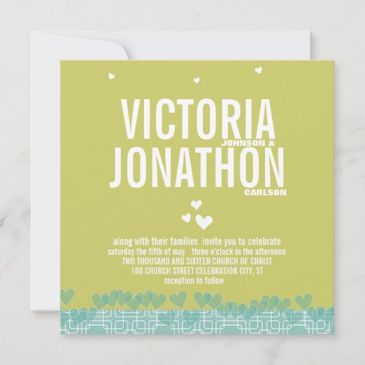 Invitation Vert et Bleu Coeurs modernes Typographie Mariage (Devant)