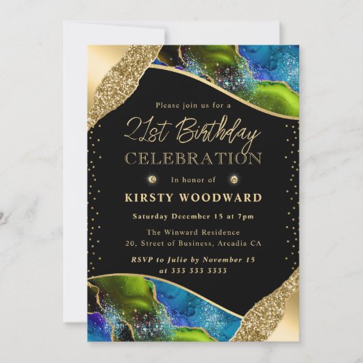 Invitation Vert et bleu élégant Agate 21e anniversaire (Devant)