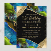 Invitation Vert et bleu élégant Agate 21e anniversaire (Devant / Derrière)