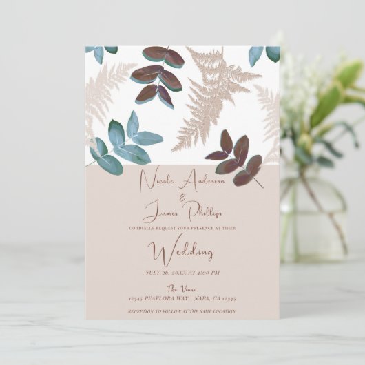 Invitation Vert et Brown Feuille Crème Ecru Mariage (Debout devant)
