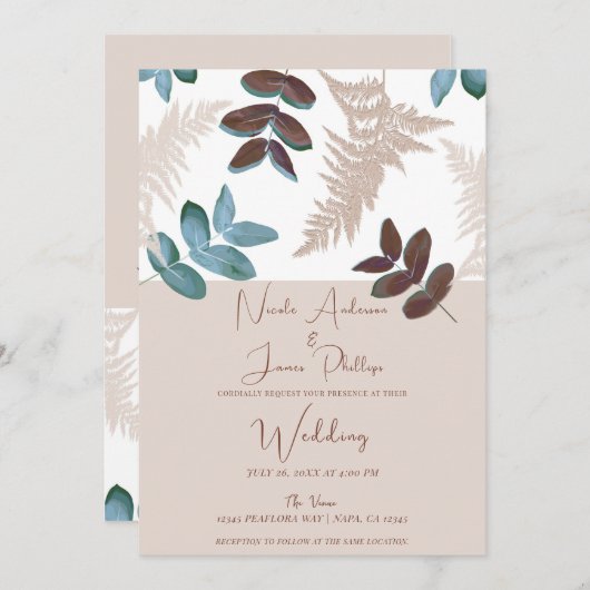 Invitation Vert et Brown Feuille Crème Ecru Mariage (Devant / Derrière)
