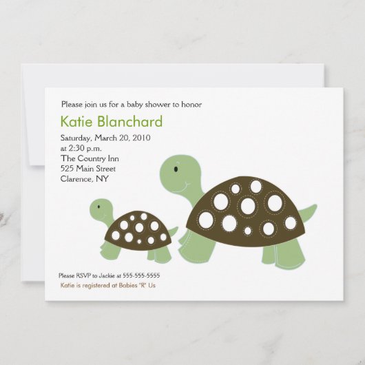 Invitation Vert et Brown Turtle Moderne 5x7 Baby shower (Devant)