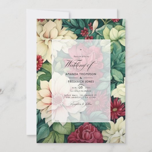 Invitation Vert et Crimson avec Crème Floral Printemps Mariag (Devant)
