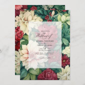 Invitation Vert et Crimson avec Crème Floral Printemps Mariag (Devant / Derrière)
