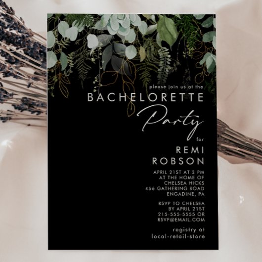 Invitation Vert et feuille d'or noir | Bachelorette