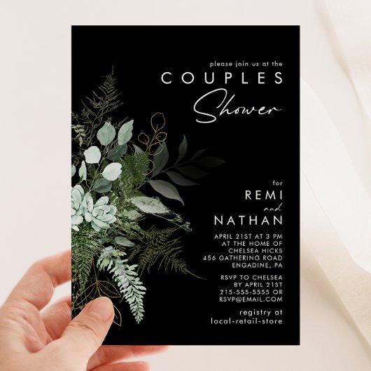 Invitation Vert et feuille d'or noir | Douche Couples