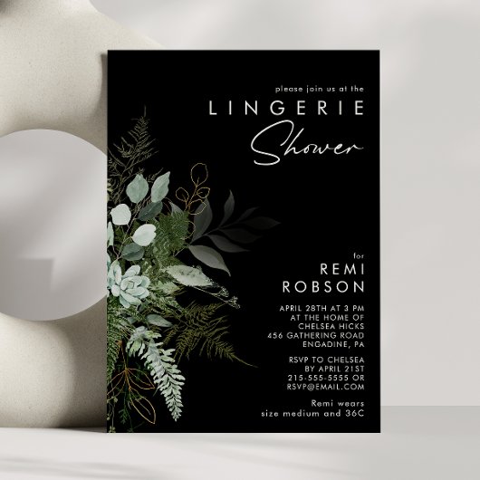 Invitation Vert et feuille d'or noir | Douche Lingerie