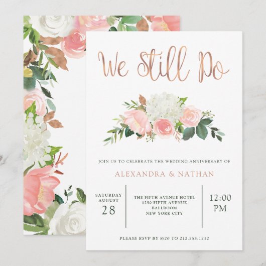Invitation Vert et floral rose | Anniversaire de mariage (Devant / Derrière)