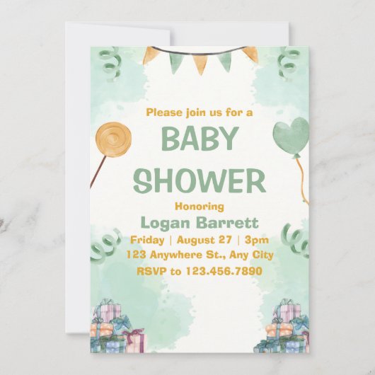 Invitation Vert et Jaune Illustration Baby shower mignon (Devant)