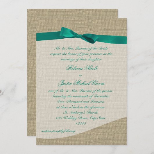 Invitation vert et Mariage Burlap (Devant / Derrière)