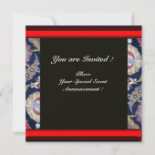 INVITATION VERT ET NOIR BLEU DAMAS, MONOGRAMME À SCEAU DE CIR (Dos)