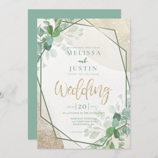 Invitation Vert et or Aquarelle Mariage (Devant / Derrière)