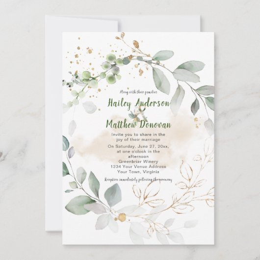 Invitation Vert et or Botanique Mariage de verdure | (Devant)