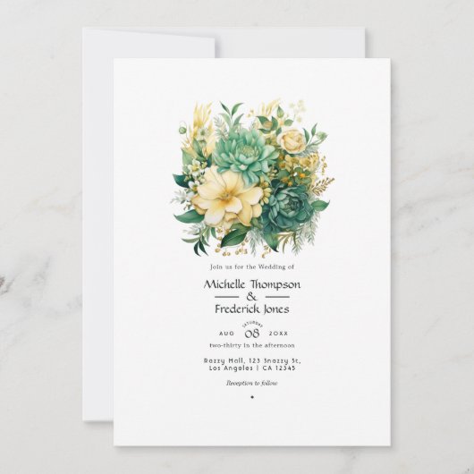 Invitation Vert et or Floral Mariage d'été (Devant)