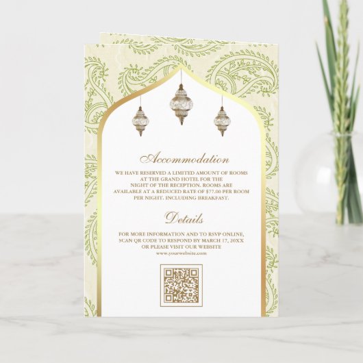 Invitation Vert et or Paisley QR Code Mariage musulman (Dos)