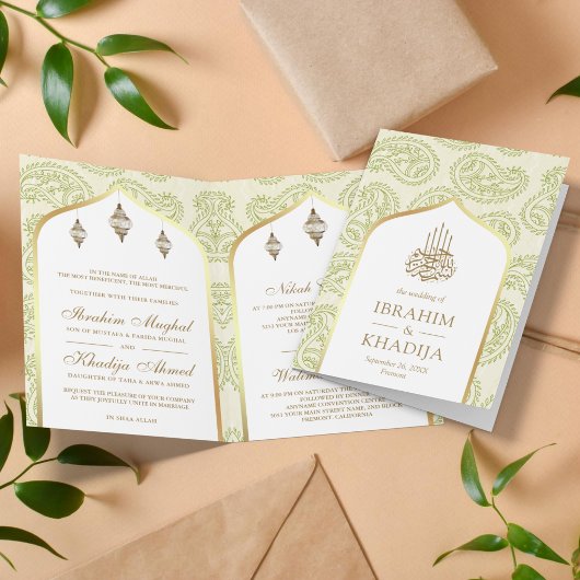 Invitation Vert et or Paisley QR Code Mariage musulman