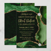 Invitation Vert et or Parties scintillant Faux Agate Sweet 16 (Devant / Derrière)