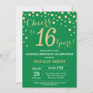 Invitation Vert et or Surprise 16e Anniversaire Diamant