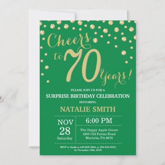 Invitation Vert et or Surprise 70e Anniversaire Diamant (Devant)