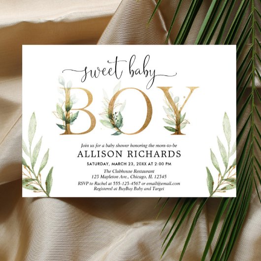 Invitation Vert et or verdure baby shower garçon moderne