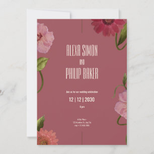 Invitation Vert et rose, Mariage d'aquarelle rouge