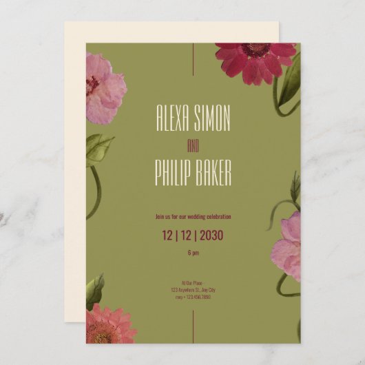 Invitation Vert et rose, Mariage d'aquarelle rouge (Devant / Derrière)