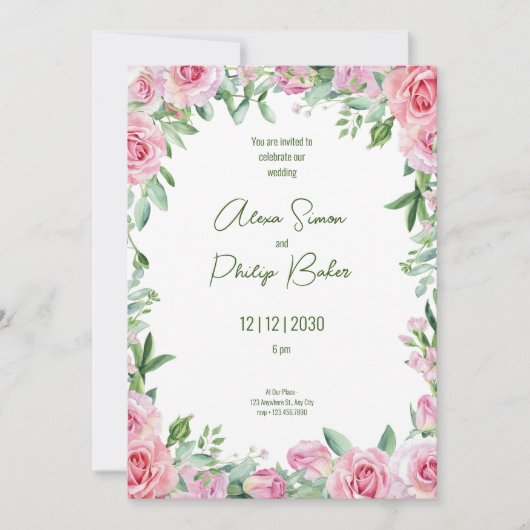Invitation Vert et rose, vert Mariage d'aquarelle (Devant)