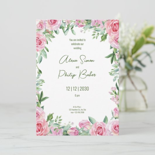 Invitation Vert et rose, vert Mariage d'aquarelle (Debout devant)
