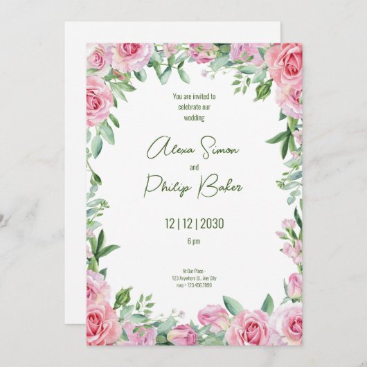 Invitation Vert et rose, vert Mariage d'aquarelle (Devant / Derrière)