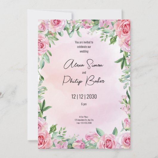 Invitation Vert et rose, vert Mariage d'aquarelle (Devant)