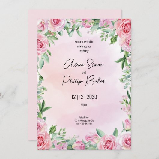 Invitation Vert et rose, vert Mariage d'aquarelle (Devant / Derrière)