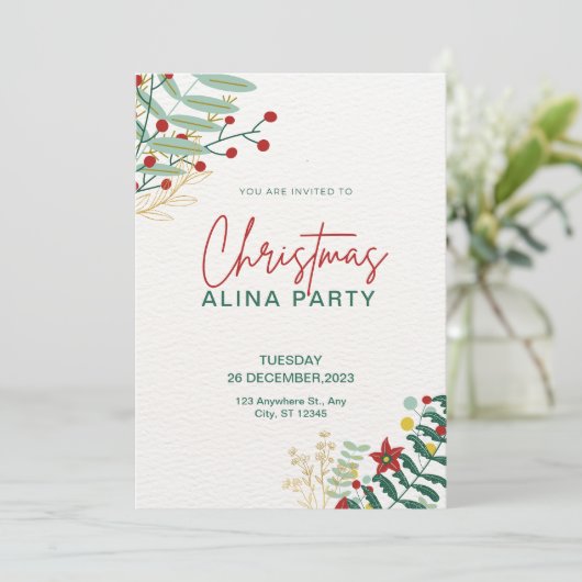 Invitation Vert Et Rouge Simple Noël Alina Party (Debout devant)