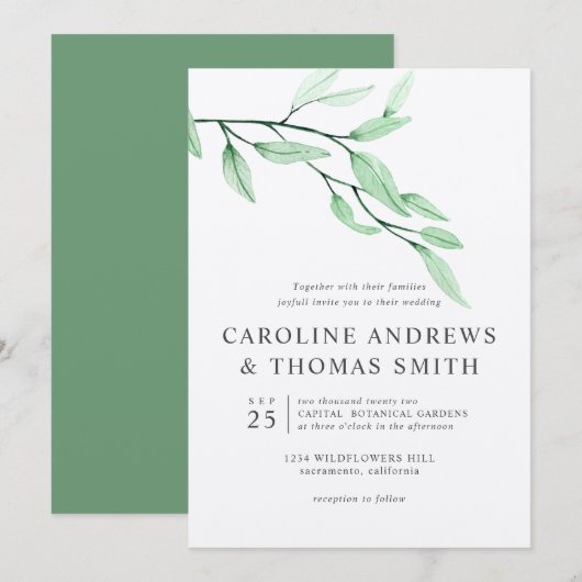 Invitation Vert éthérée | mariage Feuille chic (Devant / Derrière)