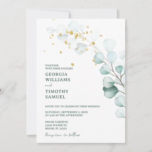Invitation Vert Eucalyptus avec étincelles d'or (Devant)