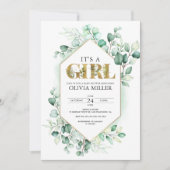 Invitation Vert Eucalyptus Baby shower fille aquarelle (Devant)